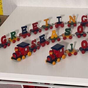 Set of 2 Vintage Miniature Wooden Letter Trains “SEASONS‎ GREETINGS” + “JOY”